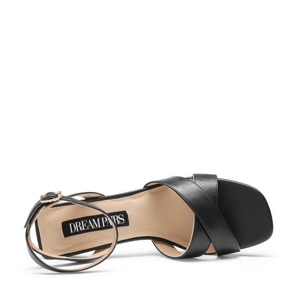 Criss Cross Ankle Strap Square Heel Sandals  - BLACK PU - 3